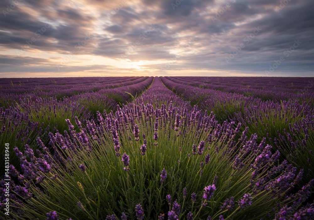 Fototapeta premium 紫色のラベンダー畑 穏やかな朝焼け 広がる風景