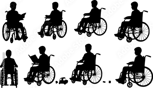 Set of vector silhouette of a child sitting in a wheelchair on a white background.
