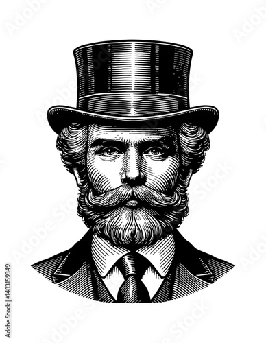 Vintage Portrait of a Man with Beard, Hat, and Suit in Detailed Engraved Black and White Art