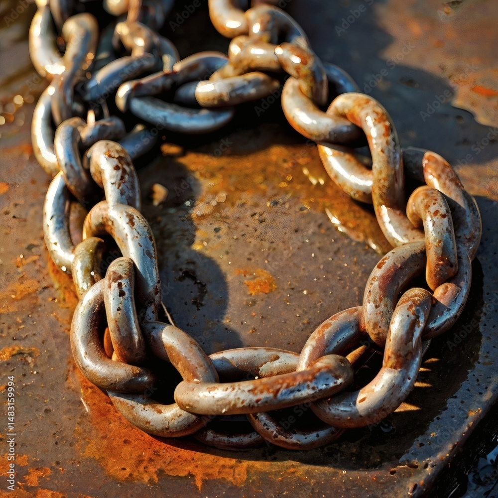 Fototapeta premium Detailed high-contrast image of a worn metal chain showing rust and texture, highlighted by sunlight.