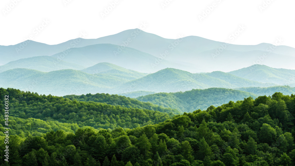 Obraz premium Rolling green hills and misty blue mountains create a tranquil, layered landscape beneath a dramatic black sky.