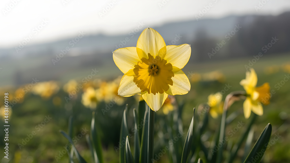 Fototapeta premium Yellow daffodils blooming in a serene field with distant mountains and clear sky, symbolizing spring and nature's beauty