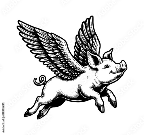 Flying Pig with Wings in Engraved Style, a Whimsical and Humorous Illustration of a Winged Pig