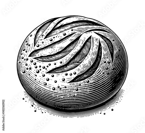 Detailed Engraved Illustration of Fresh Round Bread Loaf on White Background
