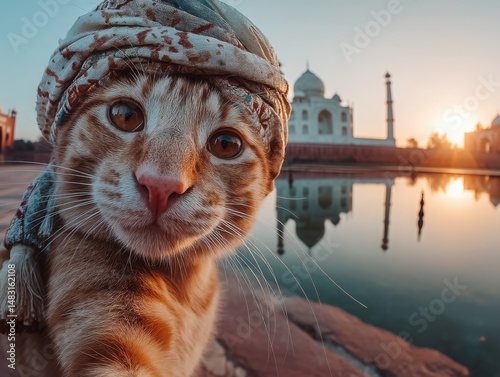 An Adorable Cat Enjoying Scenic View of the Taj Mahal. The cat is wearing a traditional headwear with the beautiful scenery of Taj Mahal in the background. photo