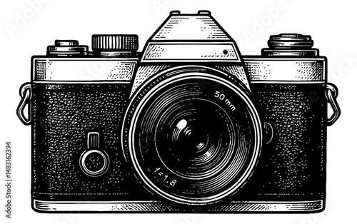 Vintage Camera Detailed Engrave Illustration in Black and White with Close Up Lens View