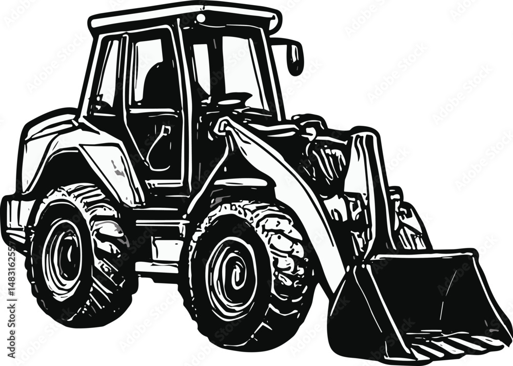 Naklejka premium Black-and-white line drawing of a front-facing tractor with large wheels and a prominent front blade, designed for heavy-duty construction and farming tasks, symbolizing strength and utility