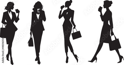 Businesswoman Silhouette Collection with Coffee and Handbags – Vector Illustration
