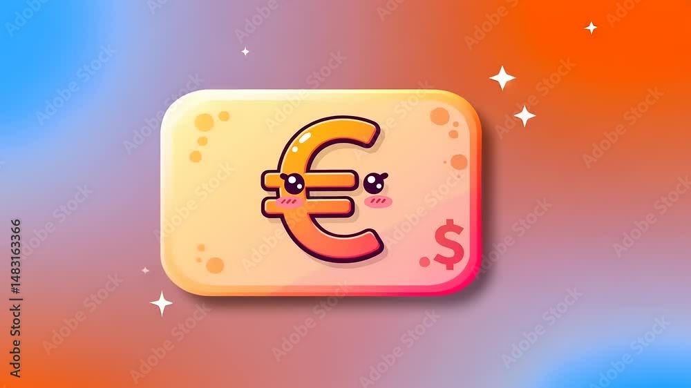 Colorful cartoon-style currency note featuring a playful euro symbol with eyes on a vibrant background