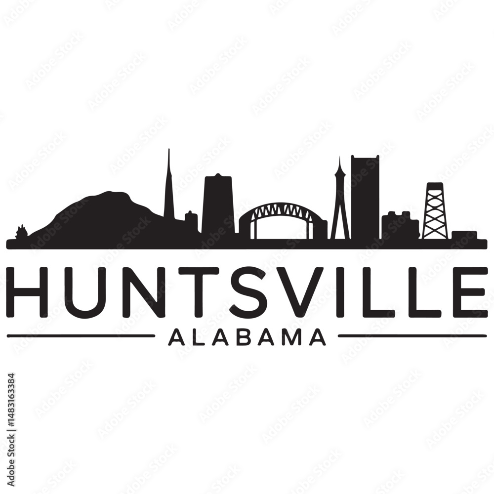 Naklejka premium Huntsville skyline horizontal banner. Black silhouette of Huntsville, Alabama. Vector template for your design. Vector black silhouette. with white background