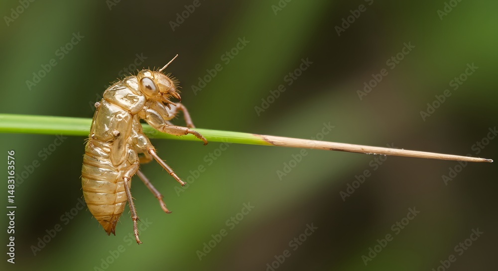 Naklejka premium Cicada Exoskeleton Resting on Grass Blade Macro View