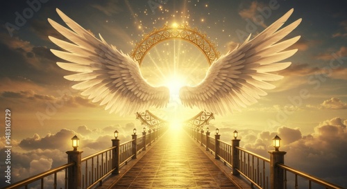 Angel Wings Above Golden Bridge Leading to Heaven with Bright Light