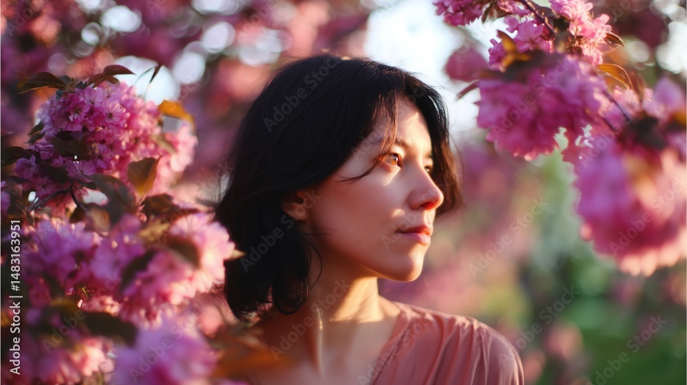 Woman surrounded by blooming cherry blossoms in a spring garden during golden hour