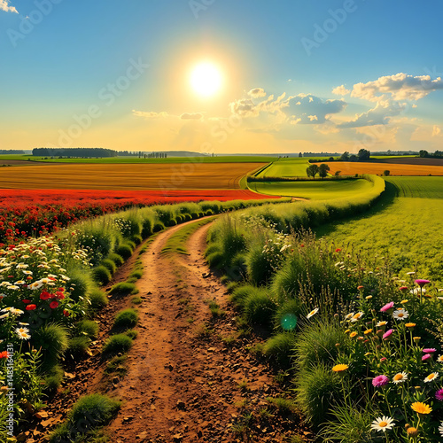 Sunlit Countryside Landscape with Wildflowers and Dirt Road – Vibrant Summer Colors, 4K Detail