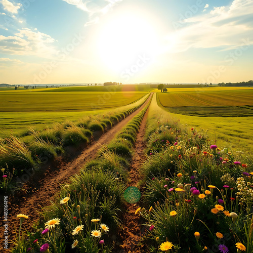 Sunlit Countryside Landscape with Wildflowers and Dirt Road – Vibrant Summer Colors, 4K Detail