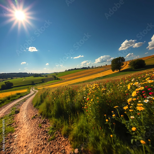 Sunlit Countryside Landscape with Wildflowers and Dirt Road – Vibrant Summer Colors, 4K Detail