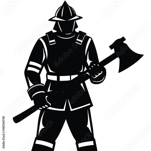 Silhouette of a courageous firefighter holding an axe ready for firefighting actions