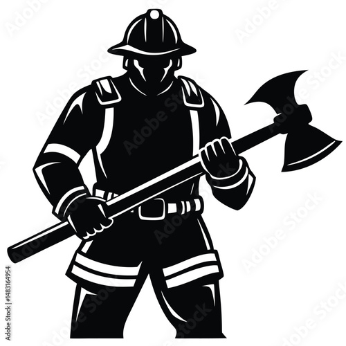 Silhouette illustration of a brave firefighter holding an axe ready for rescue operations