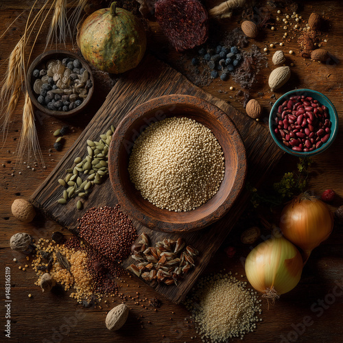 Ancient grains bowl with quinoa, millet, and amaranth, surrounded by ingredients