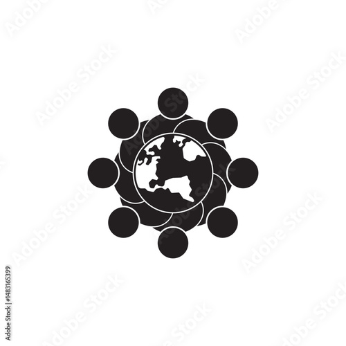 People group with globe icon, community of different nationalities, world coalition