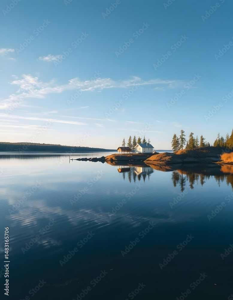 Obraz premium Shimmering waters mirror the tranquil bay of Kizhi Island in Karelia, hyperrealism. with white shades