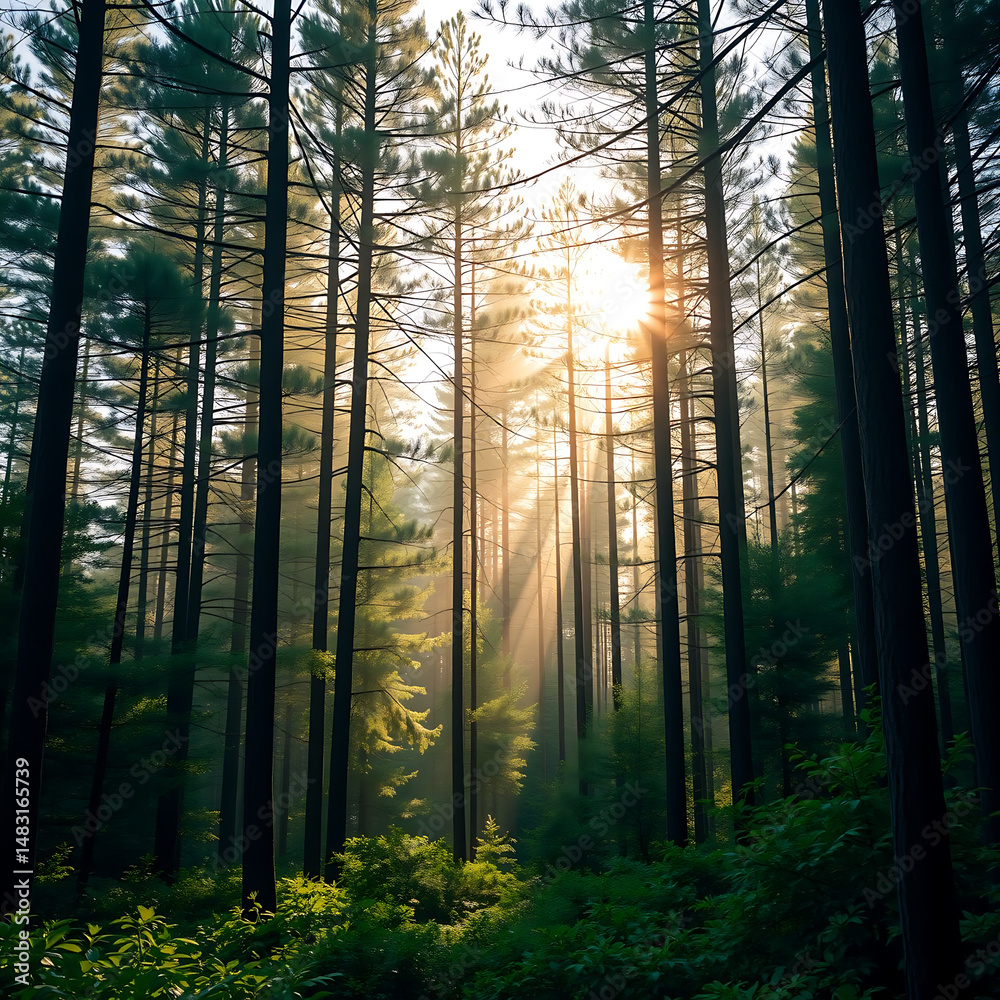 Obraz premium Ultra-Realistic Summer Forest with Sunlight Filtering Through Tall Pines