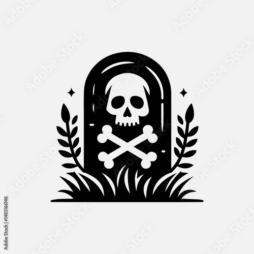 Simple black gravestone illustration featuring a prominent white skull and crossbones emblem amidst stylized foliage vector logo. Cemetery concept