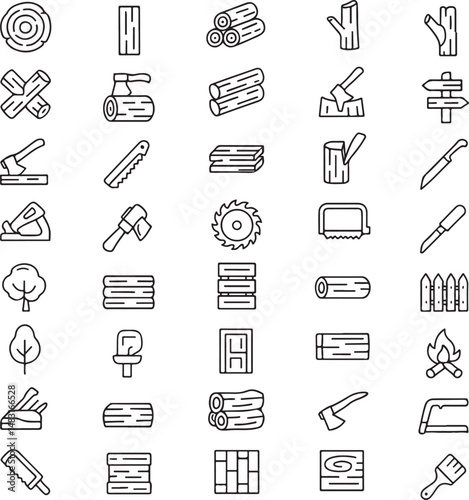 Wood Outline Icon Set — Linear Editable Stroke Vector Collection of Timber, Lumber, Woodworking Tools, and Forestry Symbols (AI, EPS, PNG, JPEG)

