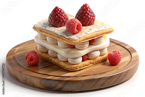 A delicious breakfast or dessert of fresh waffles with sweet red strawberries and mixed berries, perhaps with a dollop of white cream photo