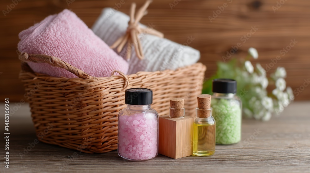 Relaxing spa setup with essential oils, towels, and aromatherapy items in a cozy environment