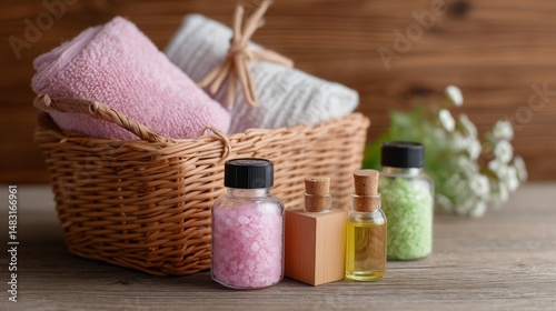 Obraz na płótnie Relaxing spa setup with essential oils, towels, and aromatherapy items in a cozy environment w salonie