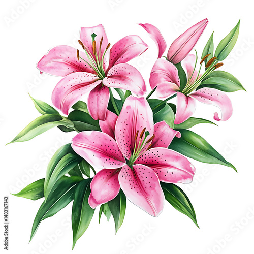 Beautiful pink lily flowers with green leaves isolated on transparent background