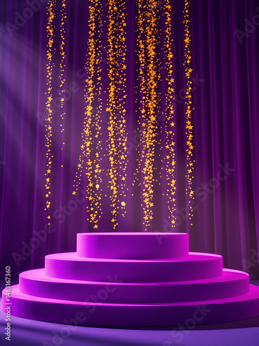 A purple podium is dramatically lit with golden sparkles, suggesting celebration or an exclusive event