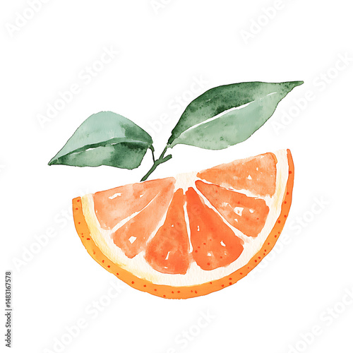 Watercolor orange slice with green leaves isolated on transparent background