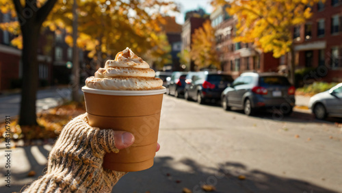 Pumpkin spice latte in a to-go cup held by a person wearing a cozy sweater, with autumn leaves and a New England street in the background