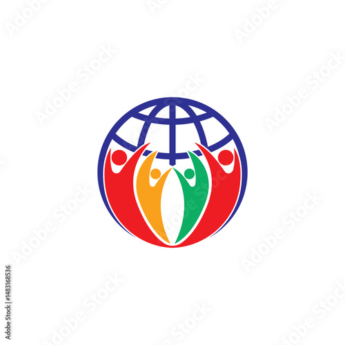 People group with globe icon, community of different nationalities, world coalition