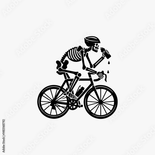 Energetic skeleton athlete riding mechanical bicycle with visible gears and chain sport vector icon
