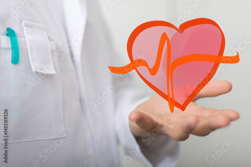 Wallpaper Mural Image of a doctor's hand presenting a heart with a heartbeat graphic. Ideal for medical, healthcare, and wellness concepts. Torontodigital.ca