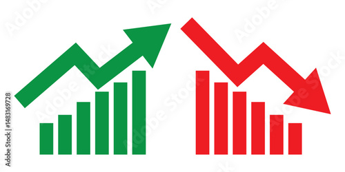 business graph with red arrow Graph going Up and Down sign with green and red arrows vector. Flat design vector illustration concept of sales bar chart symbol icon with arrow moving down and sales bar