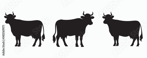 Silhouettes of three cows standing in different poses, isolated on a white background, depicting livestock in a simple, minimalist style.