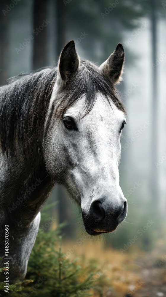 Fototapeta premium Majestic gray horse stands in a misty forest surrounded by tall trees and soft greenery during early morning light
