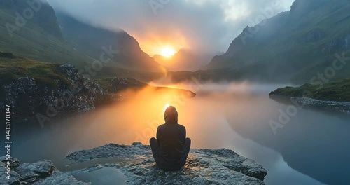 A woman meditates on a rock by a misty lake at sunrise in the mountains.