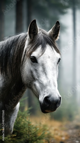 Majestic gray horse stands in a misty forest surrounded by tall trees and soft greenery during early morning light