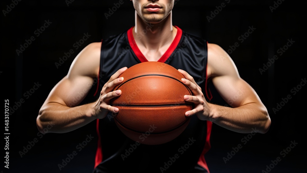 Intense basketball player holding ball in low light setting for sports motivation and fitness inspiration Intense basketball player holding ball in low light setting for sports motivation and fitness inspiration