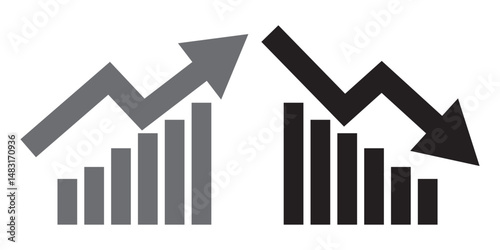 business graph with red arrow Graph going Up and Down sign with green and red arrows vector. Flat design vector illustration concept of sales bar chart symbol icon with arrow moving down and sales bar