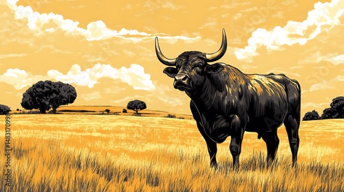 Bull in Golden Field Landscape photo