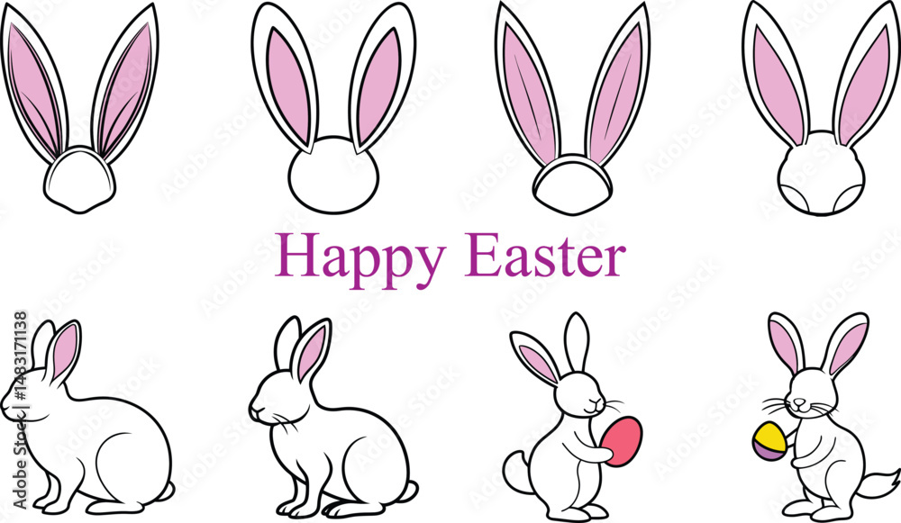Obraz premium Bunny easter line art clipart set, Easter Bunny with egg, bunny ear. Concept of Happy Easter.