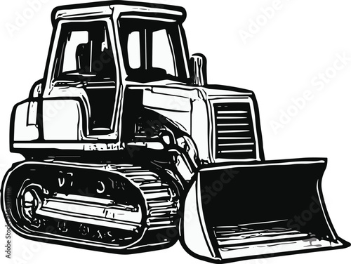 Black-and-white line drawing of a bulldozer with tracked wheels, enclosed cabin, and large front blade, used for pushing earth and debris in construction and industrial sites