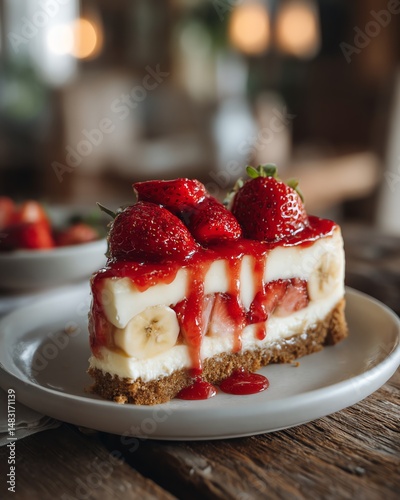Wallpaper Mural Extreme close-up of a creamy banana strawberry cheesecake slice on a white plate with natural window light and cozy rustic kitchen vibes. Torontodigital.ca