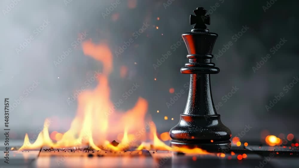 Black chess king piece on burned board with dramatic sparks and smoke